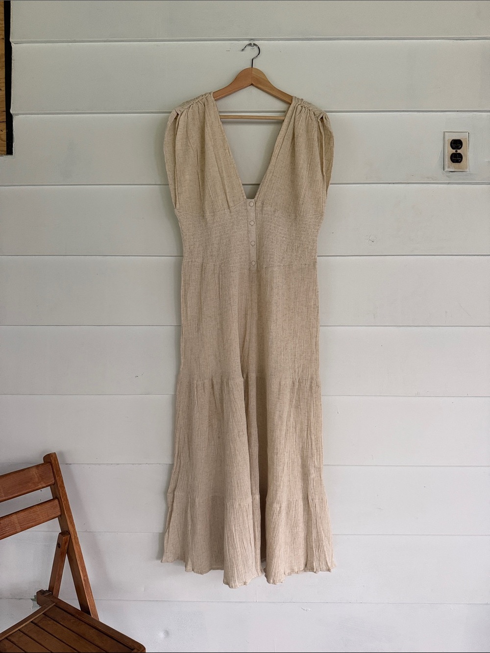 ASOS Cream V-Neck Button-Tier Maxi Dress